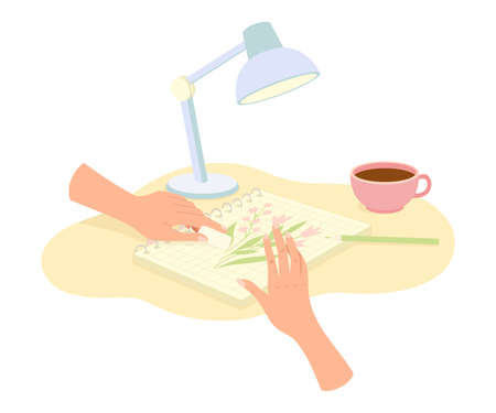 Hands Drawing Flowers with Pencil on Paper in Sketchbook as Handmade Craft Vector Illustrationのイラスト素材