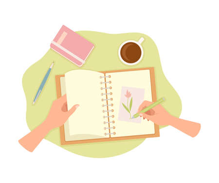 Hands Drawing Flowers with Pencil on Paper in Notepad as Handmade Craft Vector Illustrationのイラスト素材