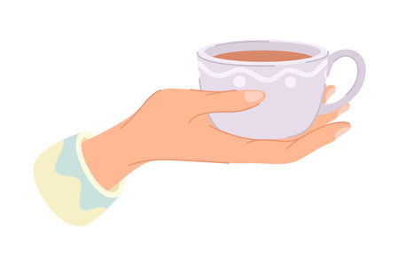Hand Holding Violet Cup with Hot Coffee Drink Vector Illustrationのイラスト素材