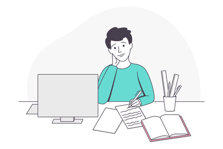 Boy School Pupil Doing Homework Sitting at Desk Writing Essay on Sheet of Paper Vector Illustrationのイラスト素材