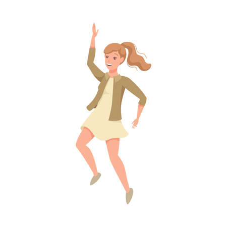Happy Woman Character Jumping with Raised Hands Vector Illustrationのイラスト素材