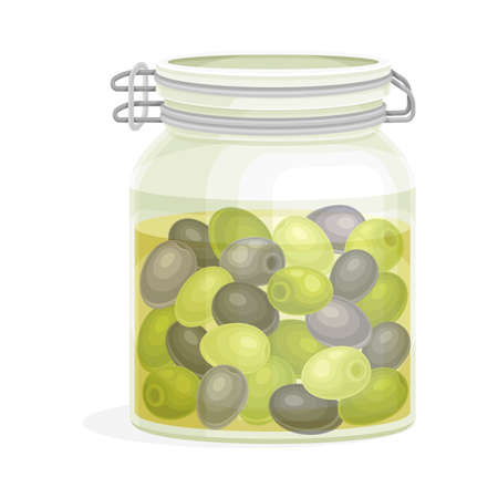Canned Jar with Olives Cultivar with Small Green and Black Drupe Fruit in Marinade Vector Illustrationのイラスト素材