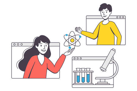 Online Learning with Man and Woman Student and Instructor Engaged in Virtual Classes Outline Vector Illustrationのイラスト素材