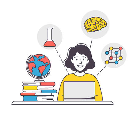 Online Learning with Woman Student Engaged in Virtual Classes Outline Vector Illustrationのイラスト素材