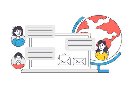 Online Learning with Man and Woman Student and Instructor Engaged in Virtual Classes Outline Vector Illustrationのイラスト素材