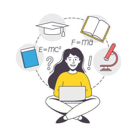 Online Learning with Woman Student with Laptop Engaged in Virtual Classes Outline Vector Illustrationのイラスト素材