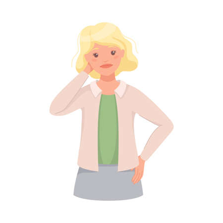 Pensive Woman Character Scratching Head Thinking and Considering Something Vector Illustrationのイラスト素材