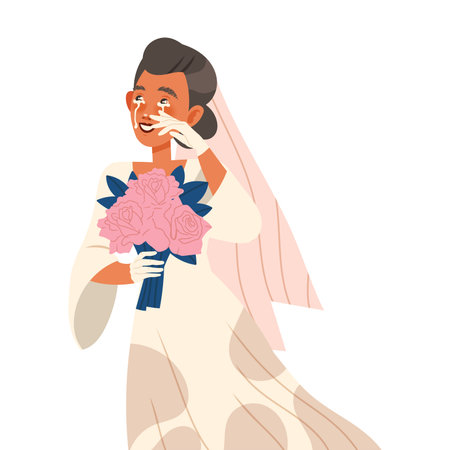 Crying Woman Bride with Flower Bouquet Weeping and Sobbing from Happiness Wiping Eyes Vector Illustrationのイラスト素材