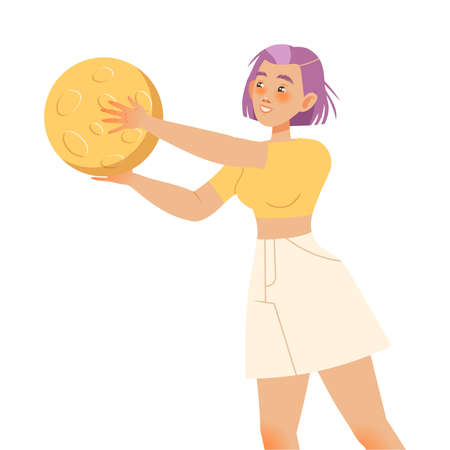 Woman Character Caring about Planet and Saving Ecosystem with Moon Vector Illustrationのイラスト素材