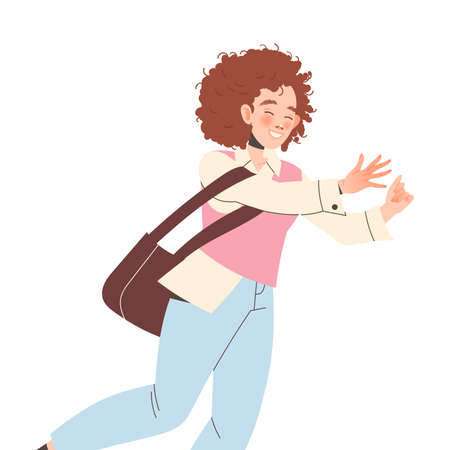 Young Smiling Woman Outstretching Her Arms Showing Positive Hand Gesture Vector Illustrationのイラスト素材
