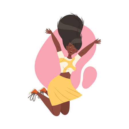 Jumping African American Woman Character with Happy Face Feeling Joy and Excitement Vector Illustrationのイラスト素材