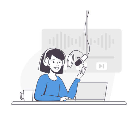 Podcast Recording with Young Woman with Microphone Broadcasting and Live Streaming Outline Vector Illustrationのイラスト素材