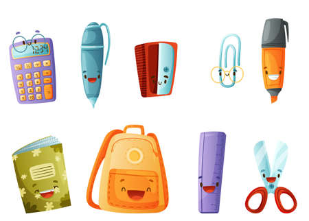 Funny School Items with Smiling Faces as Cartoon Education Supply Vector Setのイラスト素材