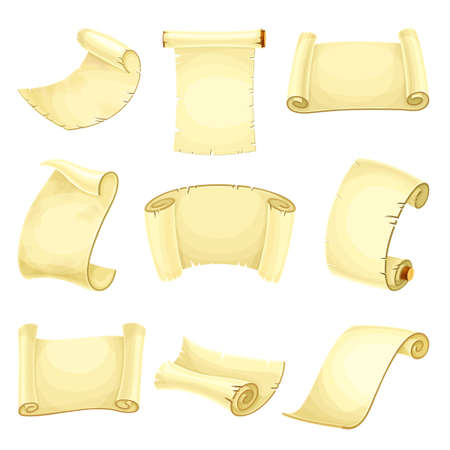 Old Scroll or Roll of Papyrus, Parchment or Paper Containing Writing Vector Setのイラスト素材