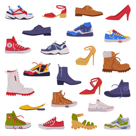 Shoes and Boots of Different Type as Casual Man and Woman Footwear Vector Setのイラスト素材
