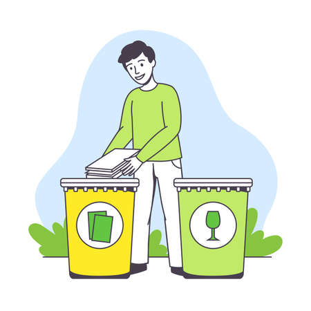 Saving Ecology with Young Man Putting Garbage in Recycling Bin Caring about Green Planet and Nature Vector Illustrationのイラスト素材