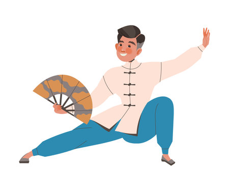 Smiling Man Character Practicing Tai Chi and Qigong Exercise in Kimono with Fan Vector Illustrationのイラスト素材