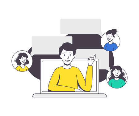 Online Conference with Man and Woman Talking Via Internet Platform Outline Vector Illustrationのイラスト素材