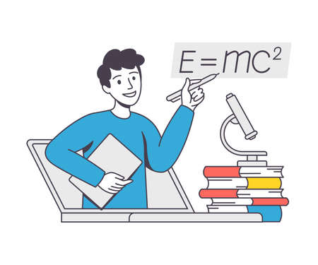 Online Learning with Man Instructor Teaching Formula Engaged in Virtual Classes Outline Vector Illustrationのイラスト素材