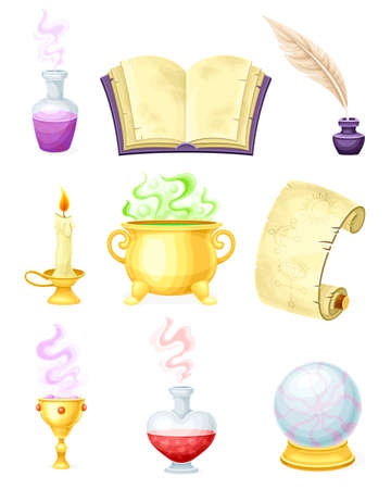 Magical Object and Witchcraft Equipment with Cauldron, Spellbook and Jar with Potion Vector Setのイラスト素材