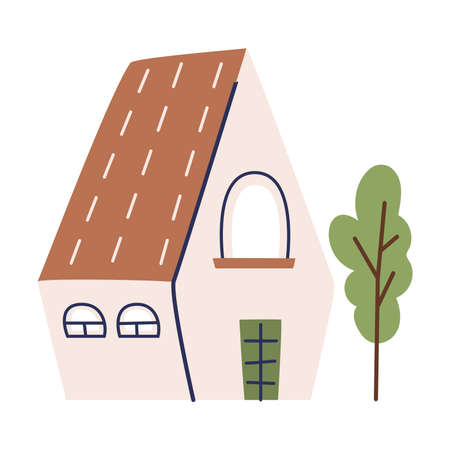Small House with Green Tree in the Yard Vector Illustrationのイラスト素材