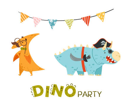 Dino party. Cute dinosaurs dressed for carnival or masquerade party cartoon vector illustrationのイラスト素材