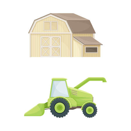 Wooden barn agricultural building and tractor heavy agricultural machinery vector illustrationのイラスト素材