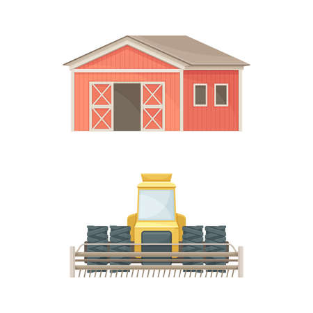 Red wooden barn farm agricultural building and tractor harvester industrial vehicle vector illustrationのイラスト素材