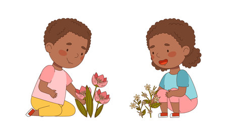 Happy little boy and girl with spring or summer flowers set cartoon vector illustrationのイラスト素材