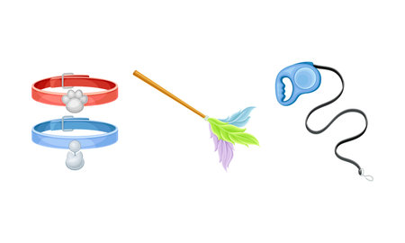 Dog collars and retractable leash, stick with colored feathers. Pet supplies and accessories set cartoon vector illustrationのイラスト素材