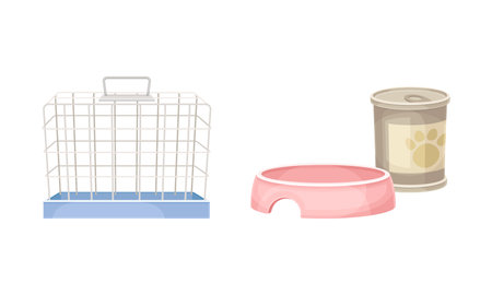 Metal wire cage, pet food and bowl. Pet supplies and accessories set cartoon vector illustrationのイラスト素材
