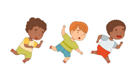 Happy boys jumping and running together set cartoon vector illustrationのイラスト素材