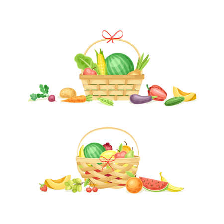 Wicker baskets full of fresh vegetables set. Fresh organic healthy food border vector illustrationのイラスト素材