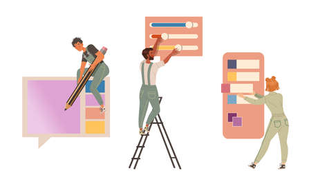 Interior designers or decorators planning design of interior choosing wall color set vector illustrationのイラスト素材