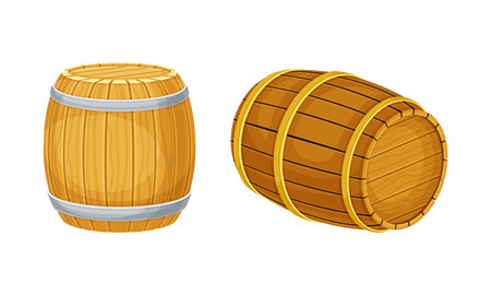 Traditional oak wooden barrels for wine, rum, beer, cognac, whiskey storage vector illustrationのイラスト素材