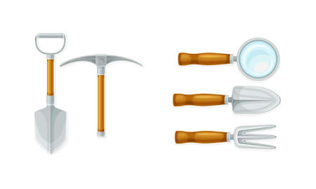 Archeology equipment set. Excavation tools and magnifying glass vector illustrationのイラスト素材