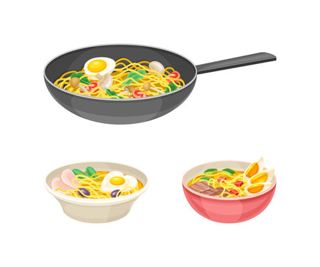 Asian noodles, bowls and frying pan with mushrooms, vegetables and eggs vector illustrationのイラスト素材