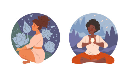 Beautiful young women meditating and relaxing. People practicing yoga and breathing exercise set vector illustrationのイラスト素材