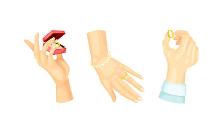 Hand with Golden Ring with Gem for Engagement or Wedding Ceremony Vector Setのイラスト素材