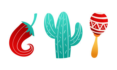 Chilli Pepper, Maraca Rattle and Prickly Cactus as Mexican Symbol Vector Set