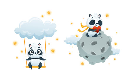 Cute Baby Panda Character Sitting on Moon with Heart and Swinging with Cloud Vector Setのイラスト素材