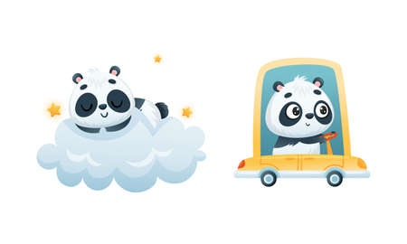 Cute Baby Panda Character Driving Car and Sleeping on Fluffy Cloud Vector Setのイラスト素材