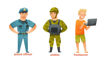 Man Character of Various Professions with Police Officer, Soldier and Freelancer in Uniform Vector Setのイラスト素材