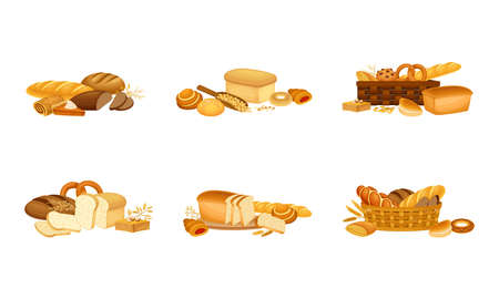 Bakery pastry products set. French baguette, rye bread, whole wheat loaf vector illustrationのイラスト素材