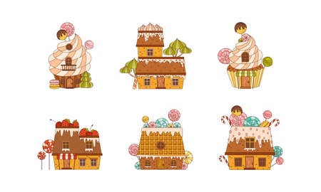 Sweet houses set. Gingerbread house made of sweets and candies cartoon vector illustratioのイラスト素材
