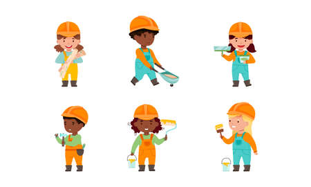 Set of kids builders. Children wearing overalls and hard hats with construction equipment cartoon vector illustrationのイラスト素材