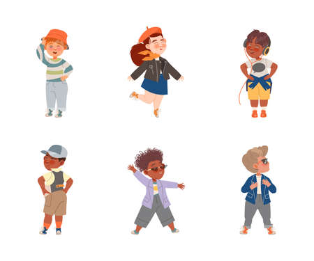Cute little boys and girls in fashionable outfit set vector illustrationのイラスト素材
