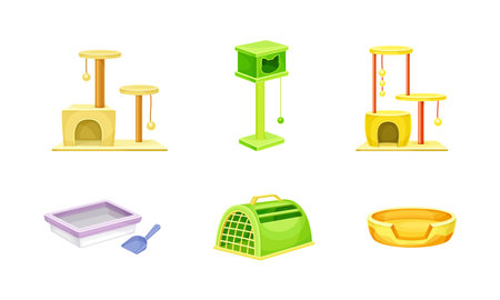 Pets supplies set. Scratching post, bed, toilet and scoop, accessories for cats and dogs care vector illustrationのイラスト素材