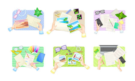 View from above of hands signing document, choosing colors from palette and sending postcards set vector illustrationのイラスト素材