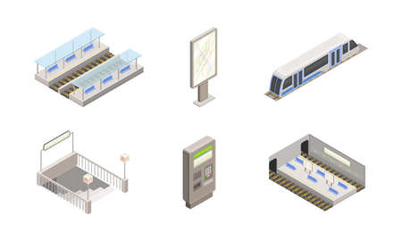 Metro or Subway as Rapid Transit Urban System with Electric Railway, Platform Staircase Isometric Vector Setのイラスト素材